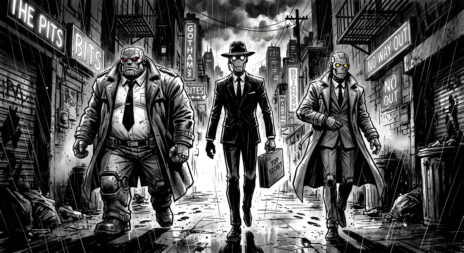 Three robot detectives in trench coats walking down a rainy noir alley